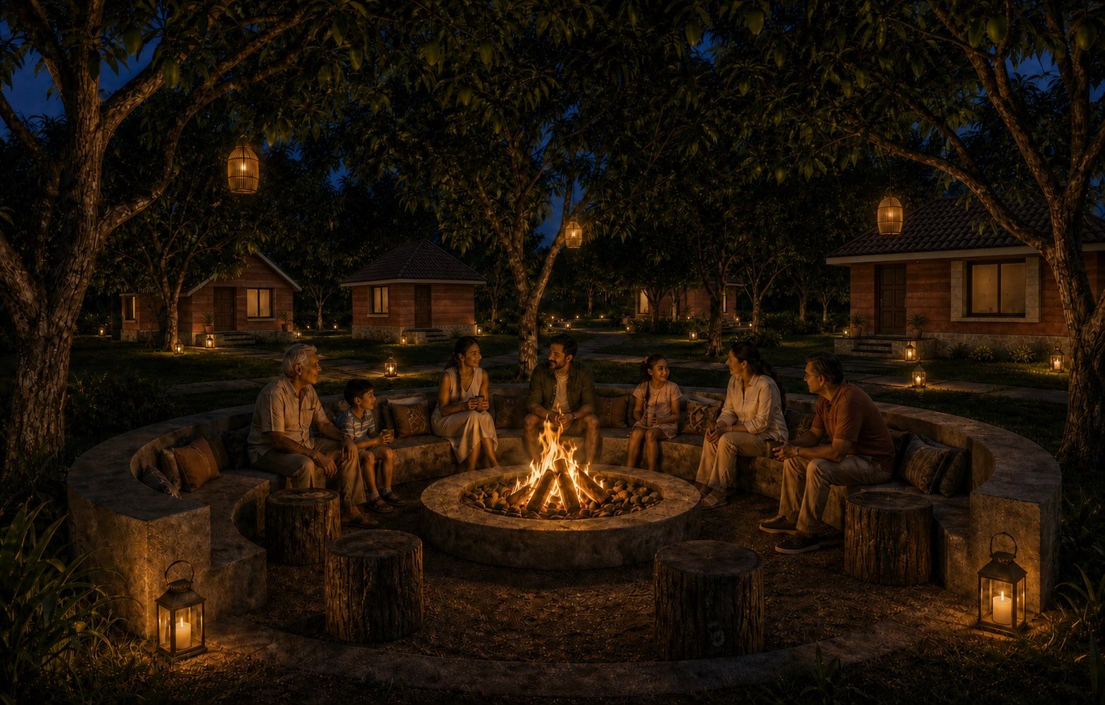 Families gathered around a stone fire circle at night, lanterns in the trees.