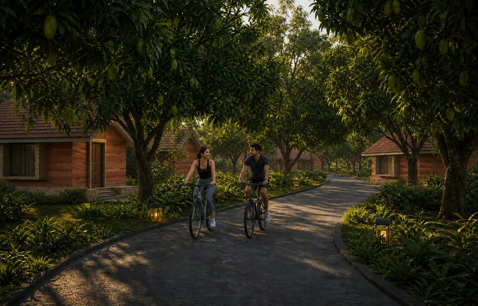 Two people cycle along a lit path between cottages and mango trees.