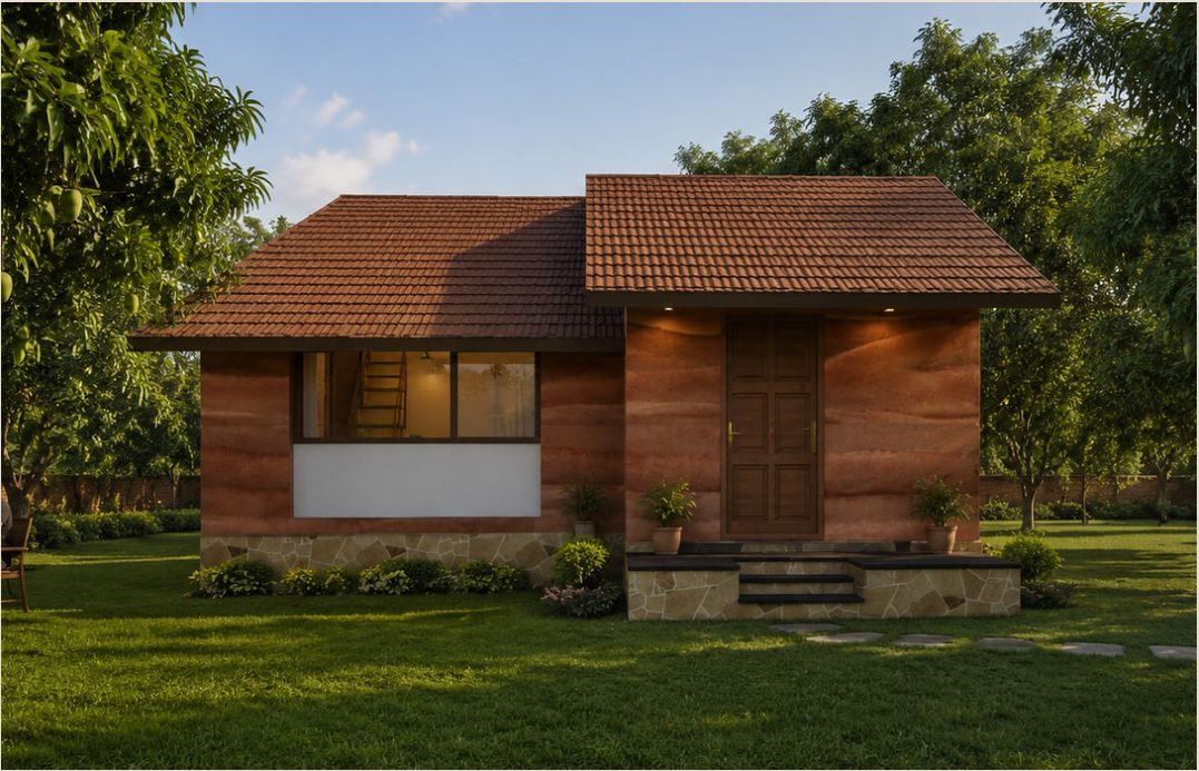 The double cottage: earthen walls, a tiled roof with a front gable, stone steps and a bay window, among mango trees.