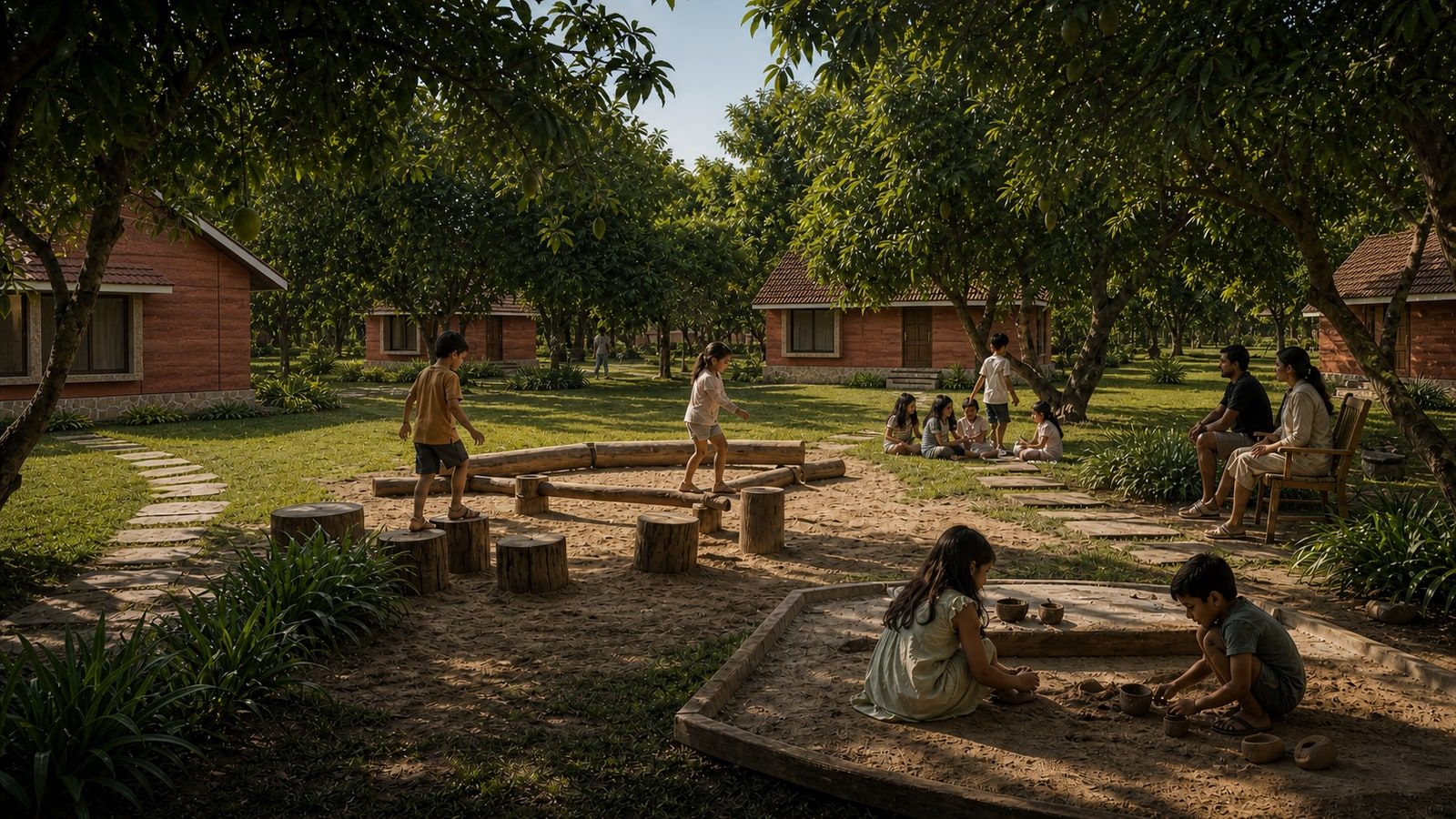 Children play in a sand pit under mango trees while parents sit nearby.