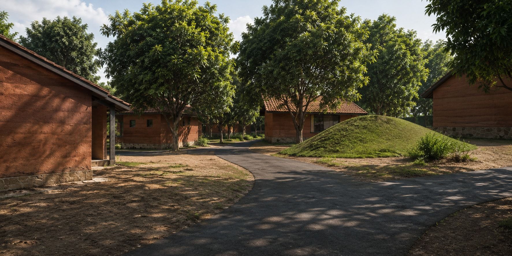 A curving path between earthen cottages and mango trees, a grassy mound beside it.