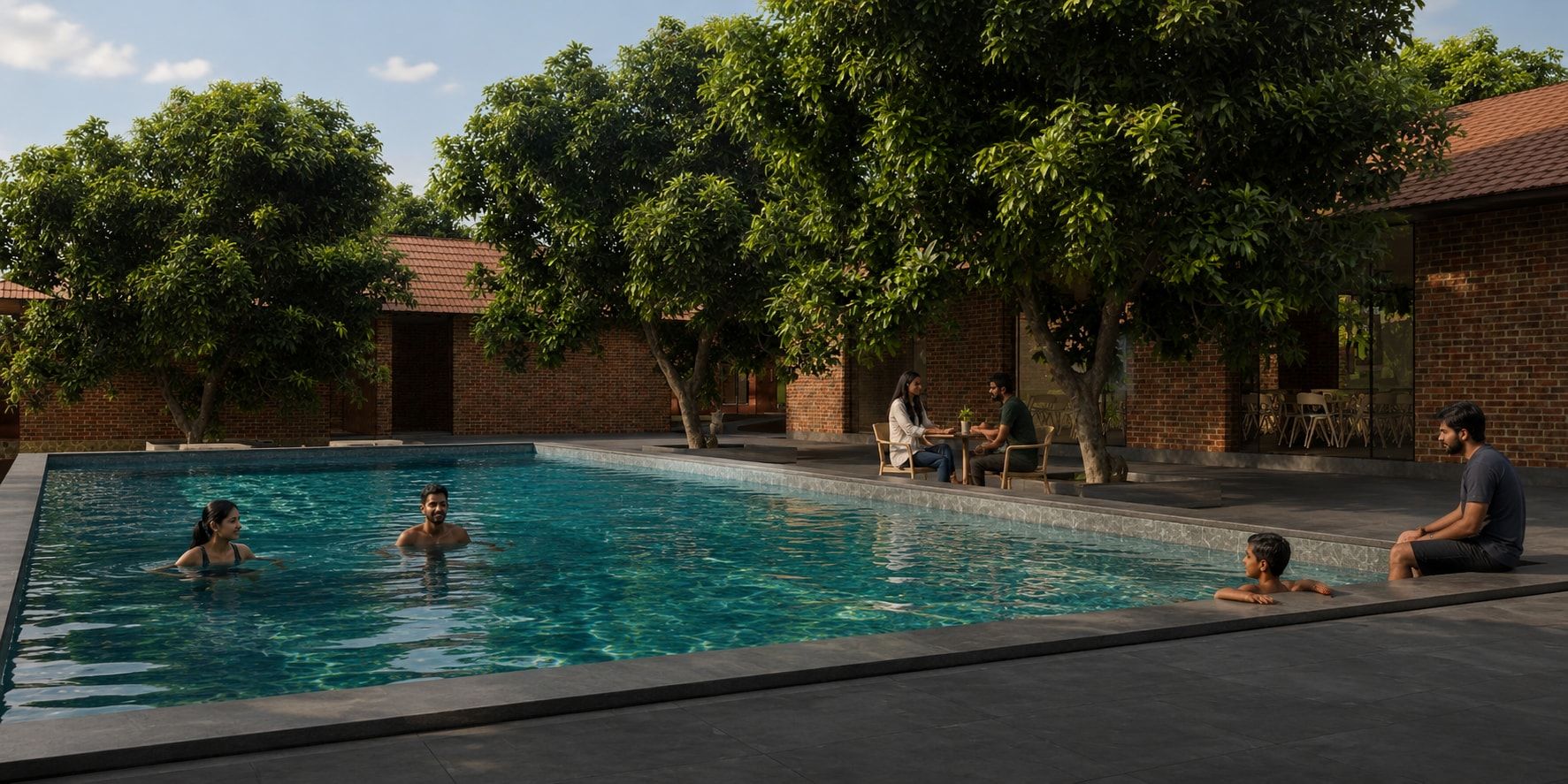 Families swim in the pool beside the brick café.