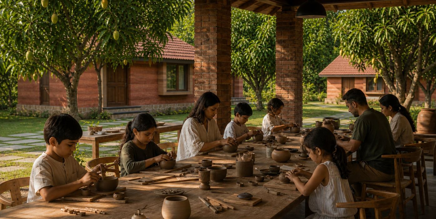 Families shape clay at a long table under a brick-pillared pavilion.
