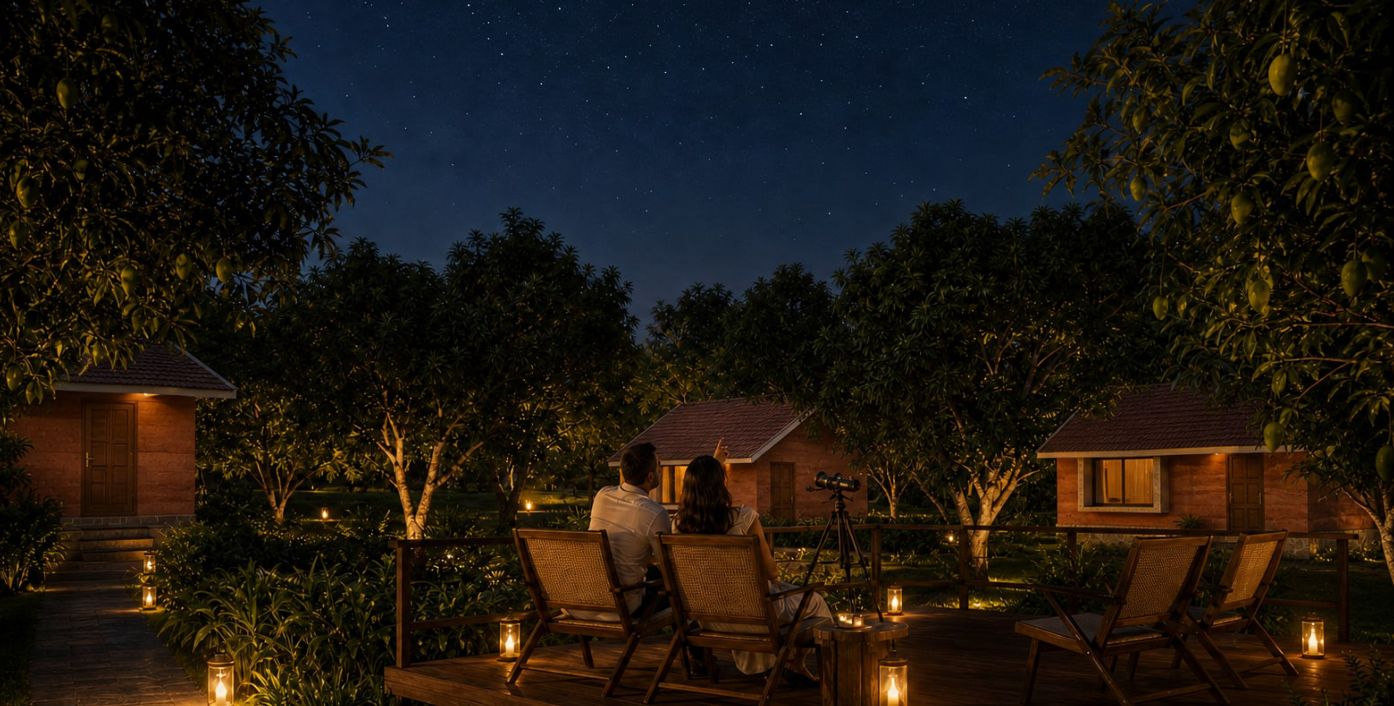 Two people on loungers on a timber deck under a starry sky.